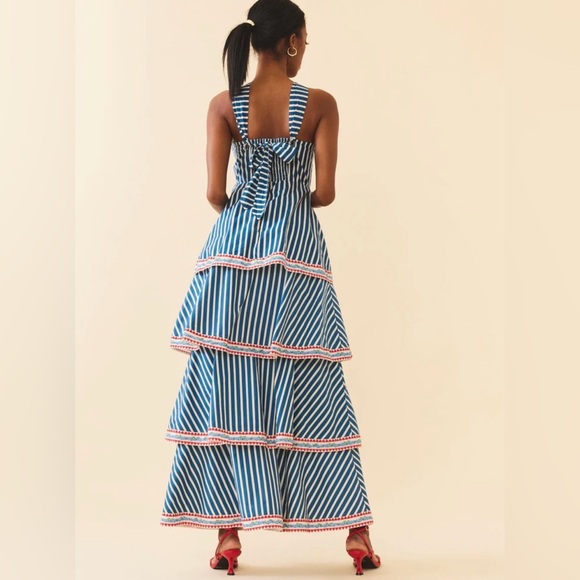 Striped Blue & White Tiered Maxi Dress with Red Trim - Picture 2 of 5